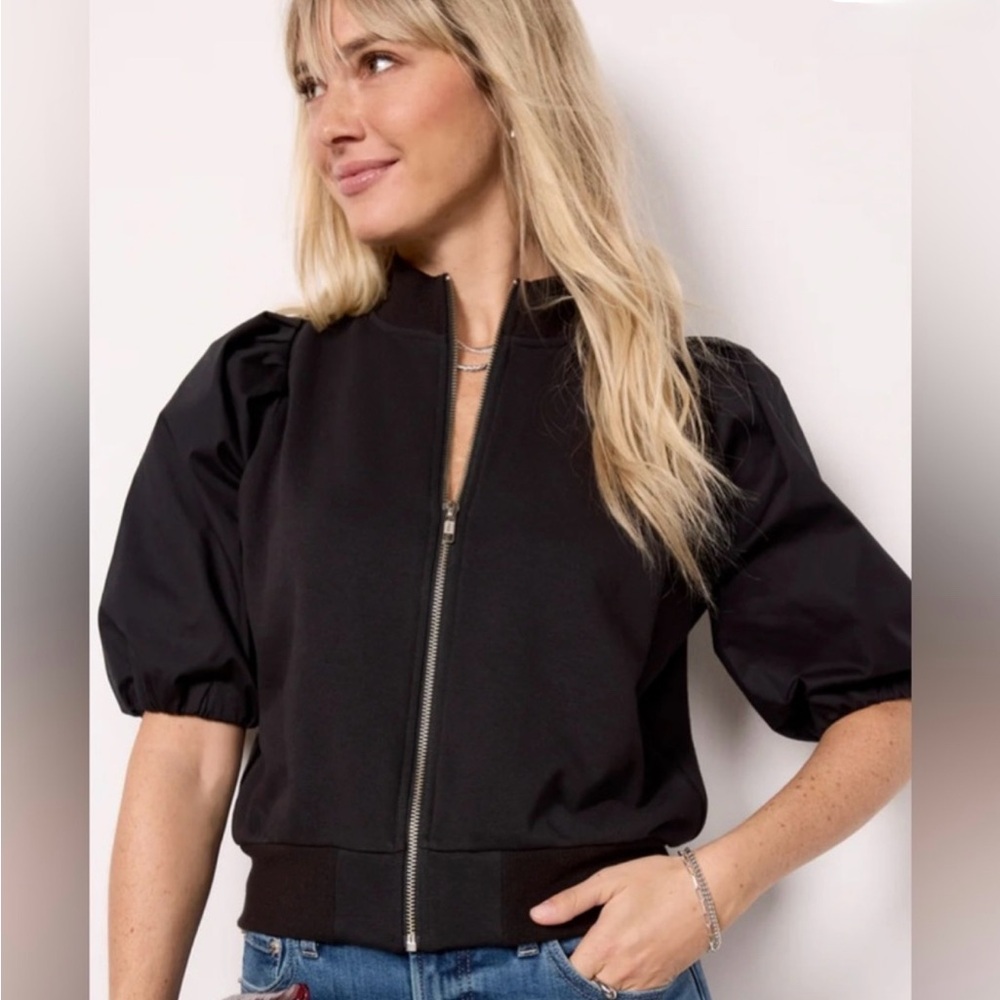 Black Top with Tailored Fit and Zip Closure, Jordan Zip Up Puff Sleeve Top